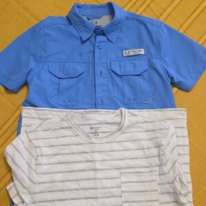 Boys' Short Sleeve Button-Front Shirt in Bright Blue, Striped Shirt
